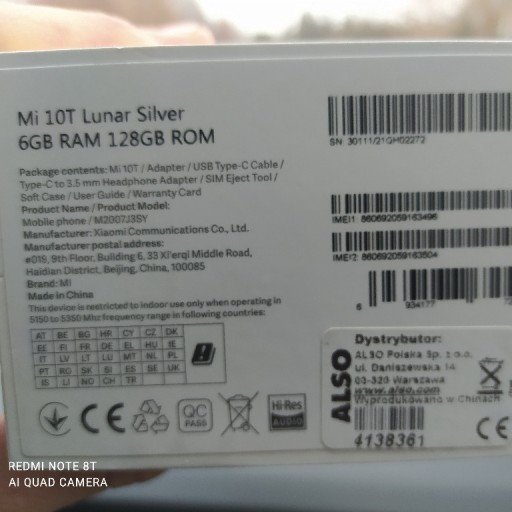 Zdjęcie oferty: Xiaomi Mi 10T Lunar Silver 6GB RAM 128G ROM