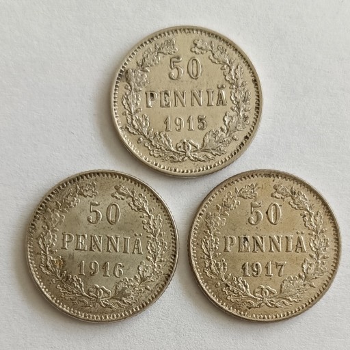 Zdjęcie oferty: Finlandia 3x 50 pennia 15, 16 i 1917 r. - srebro. 