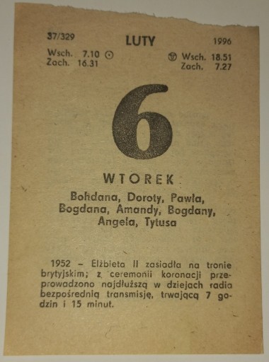 Zdjęcie oferty: kartka z kalendarza - wtorek 6 lutego 1996 roku