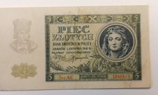 Zdjęcie oferty: Banknot GG 5zl 1941r serii AE