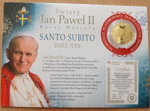 Zdjęcie oferty: Jan Paweł II Santo Subito 2014 + certyfikat 