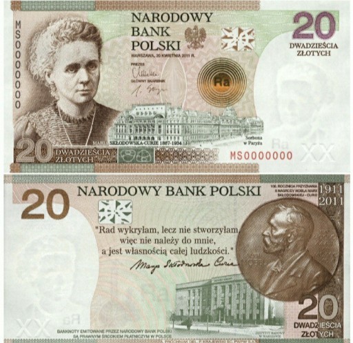 Zdjęcie oferty: 20 zł Skłodowska banknot kolekcjonerski NBP NUMER