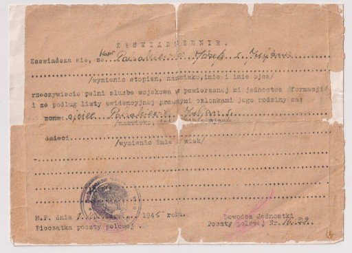 Zdjęcie oferty: Zaśw.o służbie wojskowej w poczcie polowej 1945