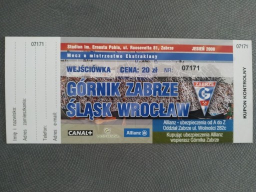 Zdjęcie oferty: GÓRNIK ZABRZE - ŚLĄSK WROCŁAW 2008