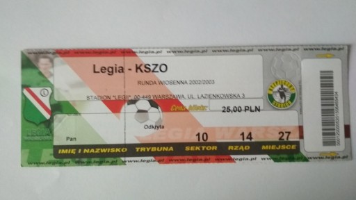 Zdjęcie oferty: Bilet Legia Warszawa - KSZO Ostrowiec 2002/2003