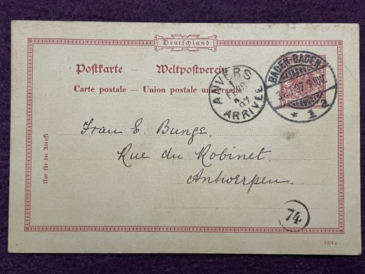 Zdjęcie oferty: Karta pocztowa Baden-Baden, Anvers 1897r.