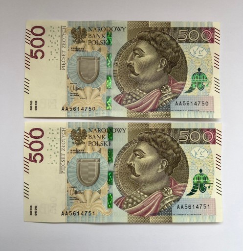 Zdjęcie oferty: Para banknotów 500 zł seria AA kolejne numery