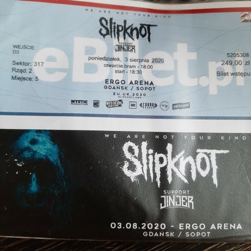 Zdjęcie oferty: Bilet na koncert grupy Slipknot i  kapeli Jinjer