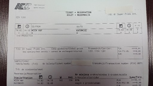 Zdjęcie oferty: Bilet PKP Wiedeń-Katowice 14.02.2023