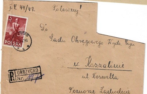 Zdjęcie oferty: Koperta 1947, znak nr 437. Stempel-Obrzycko Wronki