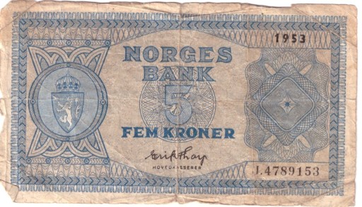 Zdjęcie oferty: Norwegia, banknot 5 koron 1953 - st. 5