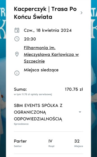 Zdjęcie oferty: Dwa bilety na koncert Kacperczyka Szczecin 