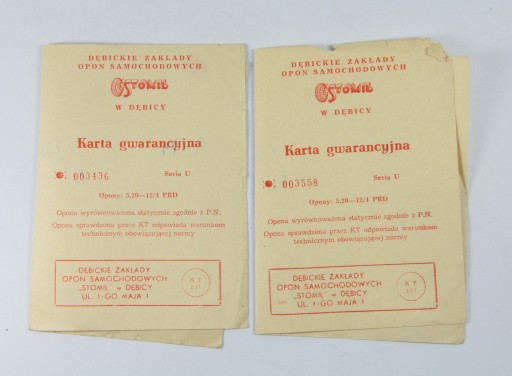 Zdjęcie oferty: Karta gwarancyjna opon Stomil 1974 r.