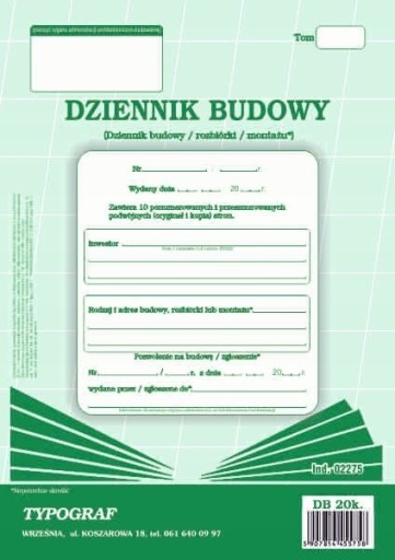 Zdjęcie oferty: Dziennik budowy A4 Typograf 02275