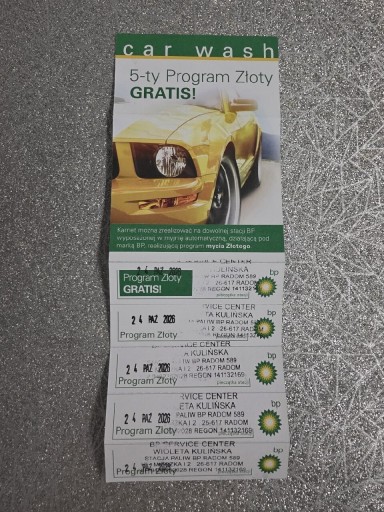 Zdjęcie oferty: Karnet na Myjnie BP Program 5X Złoty 34% tanie