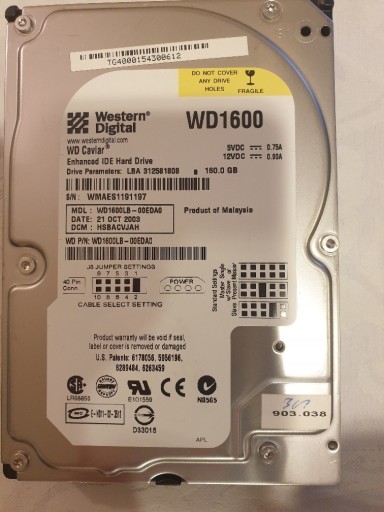 Zdjęcie oferty: WD1600 WD1600LB-00EDA0 - WD Caviar 160GB 72000