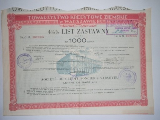 Zdjęcie oferty: LIST ZASTAWNY WARSZAWA 1000 ZŁ- 1930 r