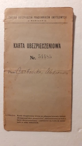 Zdjęcie oferty: Karta ubezpieczeniowa w Warszawie z roku 1933.