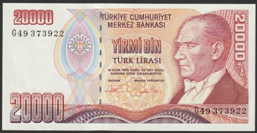 Zdjęcie oferty: Turcja 20000 lirasi 1970 - stan bankowy UNC