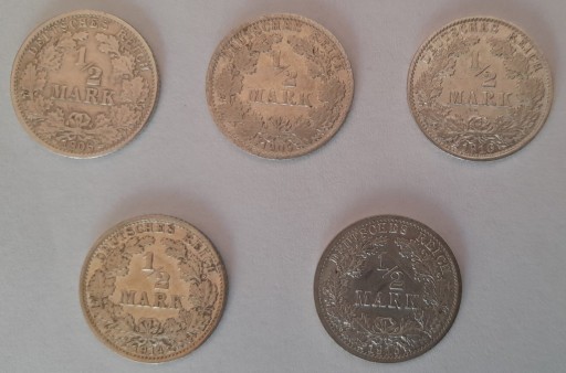 Zdjęcie oferty: 1/2 marki 5 szt. srebro 1905,1906,1914,1915,1916