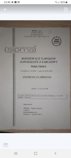 Zdjęcie oferty: instrukcja obsługi z tabelą  Rozsiewacza SIPMA 
