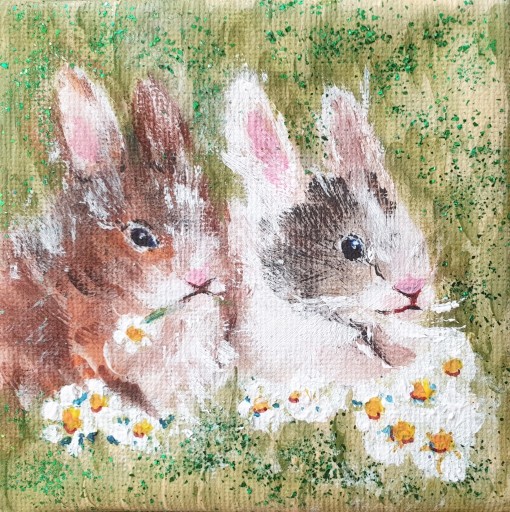 Zdjęcie oferty: Obraz mini ręcznie malowany króliki zajączki 