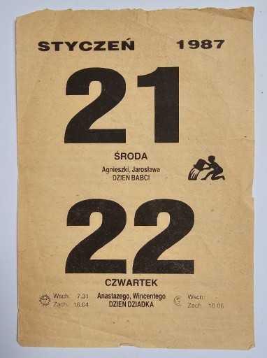 Zdjęcie oferty: Kartka z kalendarza PODWÓJNA 21 i 22 stycznia 1987