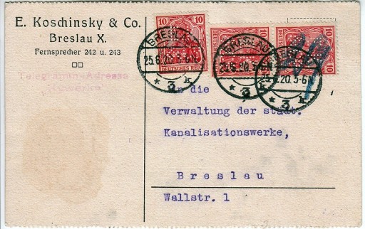 Zdjęcie oferty: DR Mi 86, PERFINY, karta poczt. Breslau 25.6.1920