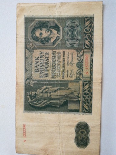 Zdjęcie oferty: 50 złotych 1941 POLSKA banknot  A1333390