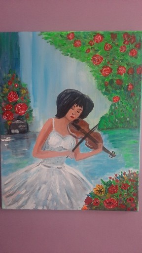Zdjęcie oferty: obraz akryl kobieta kwiaty skrzypce 
