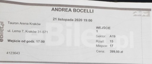 Zdjęcie oferty: Bilet Andrea Bocelli - Kraków 27.08.2022