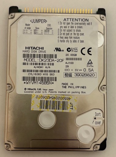 Zdjęcie oferty: HITACHI DYSK 20GB HDD 2,5'' ATA PATA MODEL DK23DA-20F JTT 