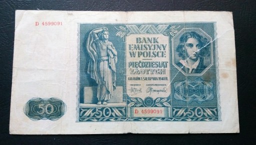 Zdjęcie oferty: Stary banknot Polska 50 zł 1941 rok Gubernia 