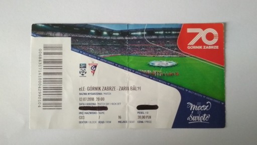 Zdjęcie oferty: Bilet Górnik Zabrze - Zaria Balti 2018 r. LE