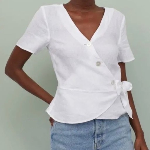 Zdjęcie oferty: H&M Premium__Lniana biała bluzka z wiązaniem__36/S