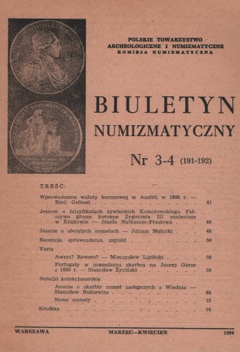 Zdjęcie oferty: Biuletyn Numizmatyczny 191-192/1984