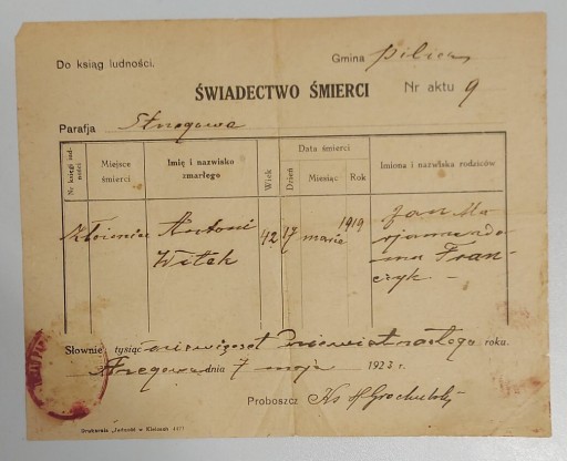 Zdjęcie oferty: Świadectwo śmierci Strzegowa 1923 r.