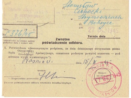 Zdjęcie oferty: Waśniów (Opatów) - stempel prowizoryczny z 1945 r.