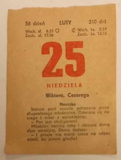 Zdjęcie oferty: kartka kalendarz niedziela 25 lutego 1968 roku