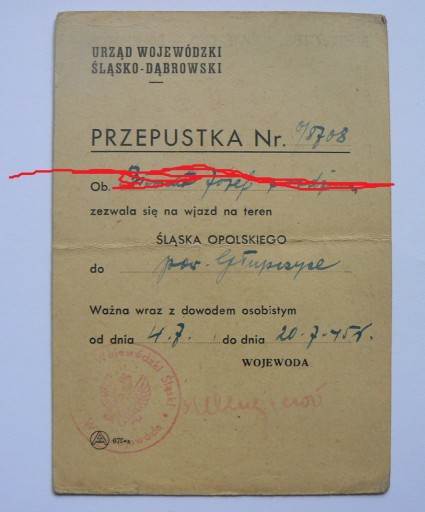 Zdjęcie oferty: Przepustka polsko rosyjska 20.07.1945 Głubczyce