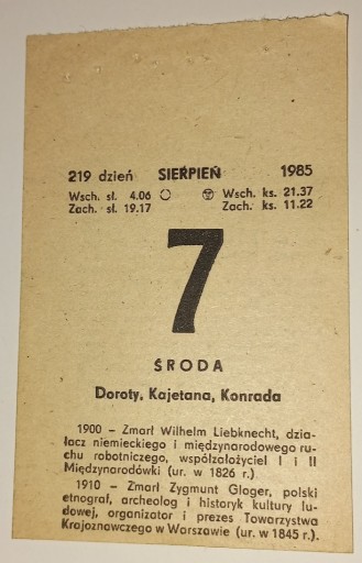 Zdjęcie oferty: kartka z kalendarza - środa 7 sierpnia 1985 roku