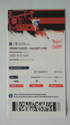 Zdjęcie oferty: Bilet Górnik Zabrze - Zagłębie Lubin 2022