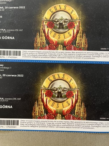 Zdjęcie oferty: 2 bilety na koncert Guns and Roses 20.06 Warszawa
