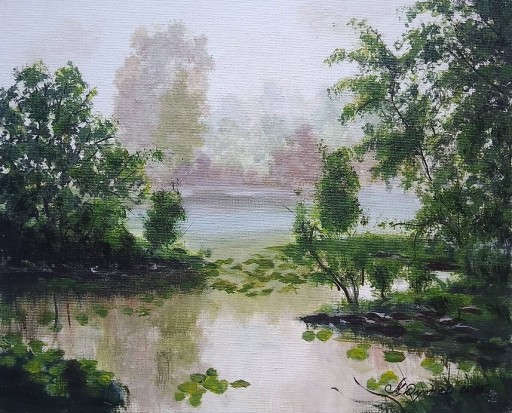 Zdjęcie oferty: OBRAZ RĘCZNIE MALOWANY PEJZAŻ AKRYLOWY "PŁYWAJĄCE LIŚCIE" - 24x30cm