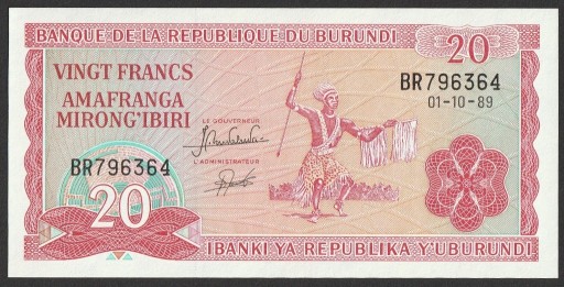Zdjęcie oferty: Burundi 20 franków 1989 - stan bankowy UNC