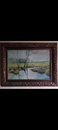 Zdjęcie oferty: Stary obraz 1938r. Pejzaż kaczki nad rzeką 