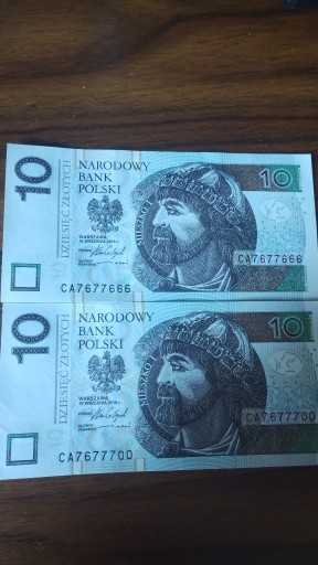 Zdjęcie oferty: Banknoty 10 zł 2016 ciekawe numery, ser. CA
