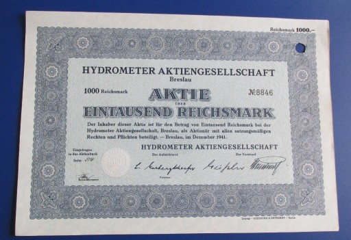 Zdjęcie oferty: Wrocław Breslau Hydrometer AG 1000 mk  1941