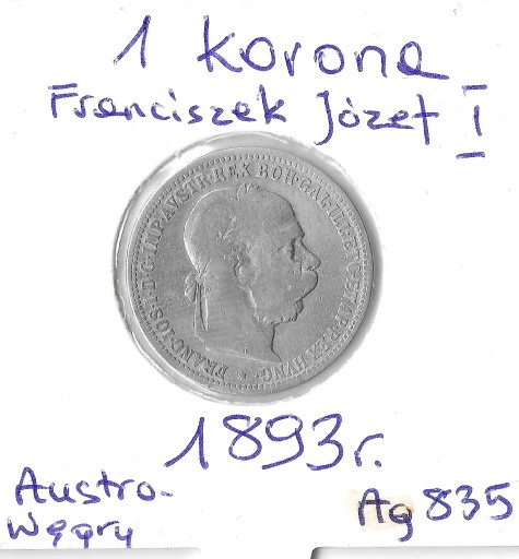 Zdjęcie oferty: AUSTRO-WĘGRY, 1 korona 1893, Józef I -srebro- st.3