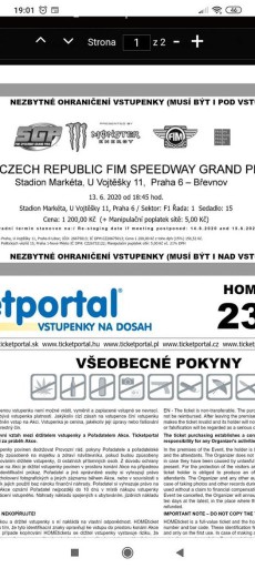 Zdjęcie oferty: Dwa bilety Speedway Grand Prix Praga 19.09.2020